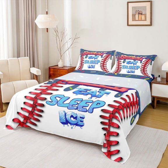 Feelyou Kawaii Birthday Cake Twin Sheet Sets, Baseball Sport Gaming Twin Fitted Sheet, Blue Eat Sleep Ice Flat Sheet, Ultra Soft Bedroom Decor, 3pcs