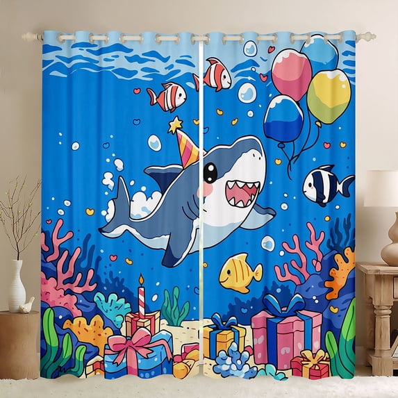 Feelyou Kawaii Birthday Party Shark Black Out Curtains for Kids Boys Girls, Marine Coral Animal Curtains Pack of 2 (42x63 Each), Blue