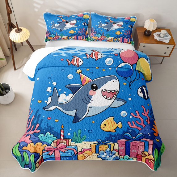 Feelyou Kawaii Birthday Party Shark Twin Quilt Set for Boys Girls, Marine Coral Animal Twin Coverlet Set, Blue, 2pcs