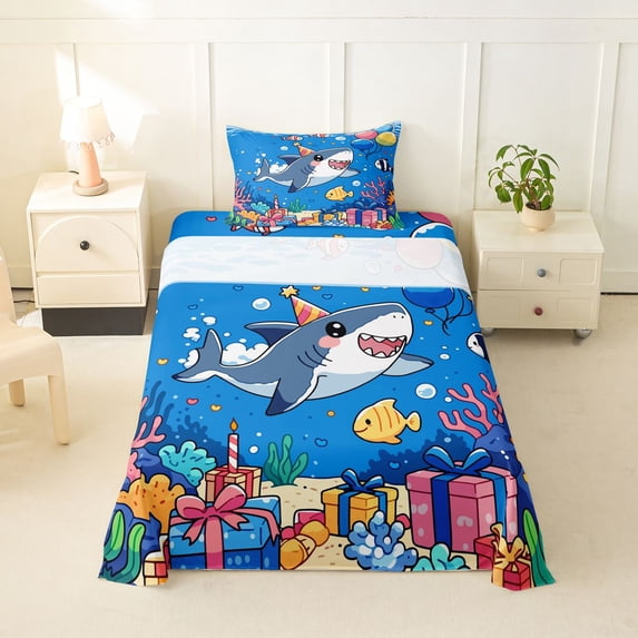 Feelyou Kawaii Birthday Party Shark Twin Sheet Sets for Kids Boys Girls, Marine Coral Animal Bedding, Blue, 3pcs