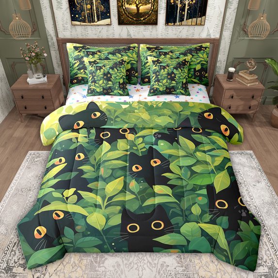 Feelyou Kawaii Black Cat Bedding Comforter Set 7pcs for Kids, Spring Leaf Botanical Queen Bedding Sets, Cartoon Kitten Animal Reversible Queen Sheet Sets, Lightweight Room Decor