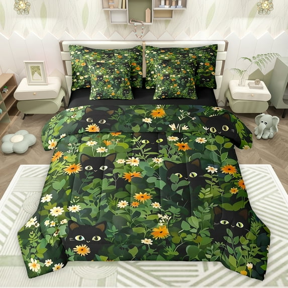 Feelyou Kawaii Black Cat Bedding Comforter Set 7pcs for Teens, Green Garden Plant Queen Bedding Sets, Cartoon Animal Reversible Queen Sheet Sets, Super Cozy Room Decor