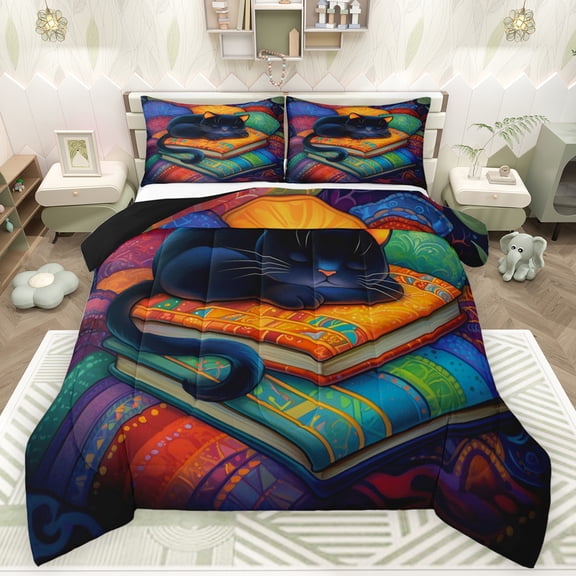 Feelyou Kawaii Black Cat Bedding Comforter Set for Girl, Cute Cartoon Kitten Animal Twin Comforter Sets, Retro Western Books Reversible Bedding Set, Breathable Home Decor, 2pcs