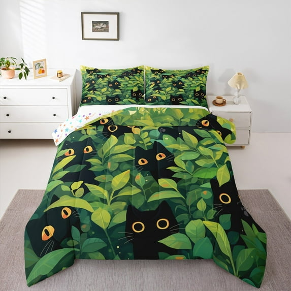Feelyou Kawaii Black Cat Full Size Comforter Sets for Kids, Spring Leaf Botanical Bedding Comforter Set, Cartoon Kitten Animal Reversible Bedding Sets, Lightweight Room Decor, 3 Pieces