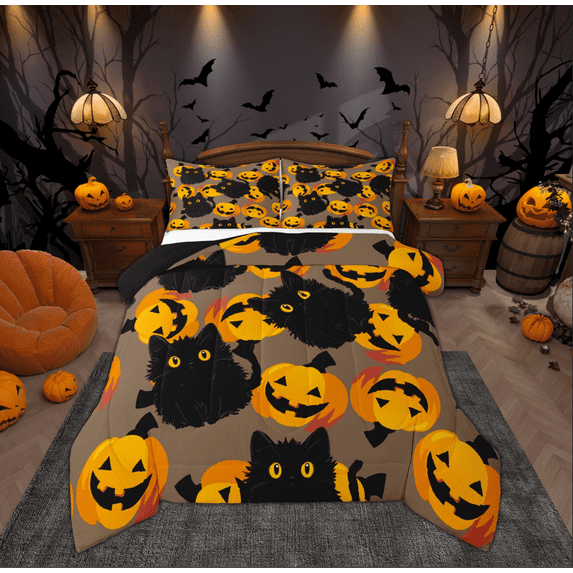 Feelyou Kawaii Black Cat Full Size Comforter Sets for Teen, Funny Cartoon Pumpkin Bedding Comforter Set, Happy Halloween Reversible Bedding Sets, Lightweight Room Decor, 3 Pieces