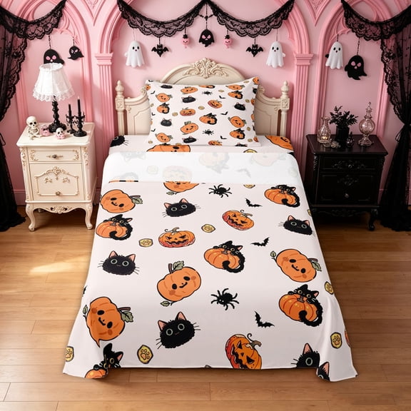 Feelyou Kawaii Black Cat Twin Sheets, Cartoon Pumpkin Spider Bedding, Light Pink, 3-Piece, 1 Flat Sheet, 1 Fitted Sheet and 1 Pillowcase