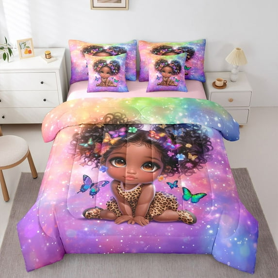 Feelyou Kawaii Black Girl Bedding Comforter Set 7pcs, Dreamy Butterfly Animal King Bedding Sets, Psychedelic Galaxy Reversible Bed Sheets, Super Cozy Room Decor