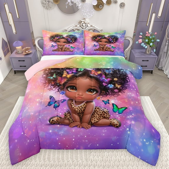 Feelyou Kawaii Black Girl Queen Comforter Set, Dreamy Butterfly Animal Bedding Sets, Psychedelic Galaxy Reversible Bedding Comforter Set, Super Cozy Room Decor, 3 Pieces