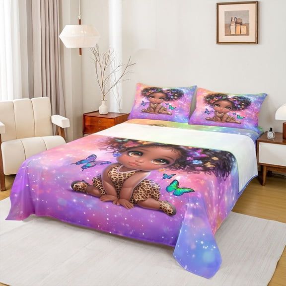Feelyou Kawaii Black Girl Twin Sheet Sets, Dreamy Butterfly Animal Twin Fitted Sheet, Psychedelic Galaxy Flat Sheet, Super Cozy Room Decor, 3 Pieces
