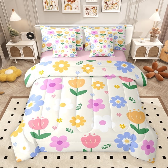 Feelyou Kawaii Blossoms Flower Bedding Comforter Set 7pcs, Dramy Princess Style Queen Bedding Sets, Teens Kids Girls Women Reversible Queen Sheet Sets, Ultra Soft Bedroom Decor