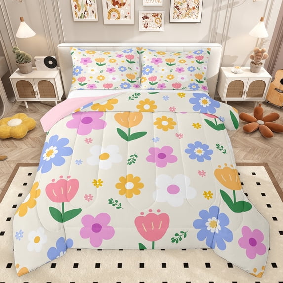 Feelyou Kawaii Blossoms Flower Full Size Comforter Sets, Dramy Princess Style Bedding Comforter Set, Teens Kids Girls Women Reversible Bedding Sets, Ultra Soft Bedroom Decor, 3pcs