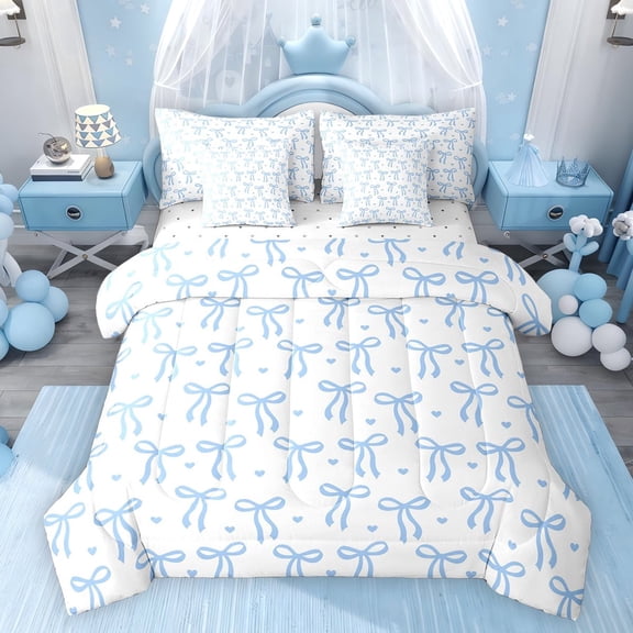 Feelyou Kawaii Blue Bowknot Bedding Comforter Set 7pcs, Love Heart Ribbon Full Bedding Set