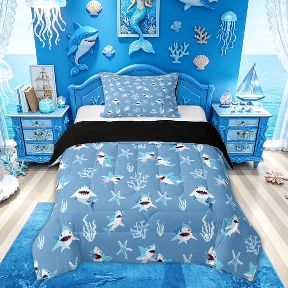 Feelyou Kawaii Blue Cartoon Coral Shark Twin Comforter Sets for Boys Girls, Cute Kids Starfish Marine Bedding Set, Blue, Black Reversible, 2-Piece