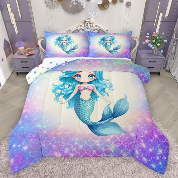 Feelyou Kawaii Blue Mermaid Bedding Comforter Set for Teen, Dreamy Ocean Princess Twin Comforter Sets, Glitter Fish Scale Reversible Bedding Set, Ultra Soft Bedroom Decor, 2-Piece