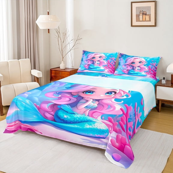 Feelyou Kawaii Blue Mermaid Queen Sheet Sets for Girls, Ocean Marine Princess Flat Sheet, Cartoon Fairy Tale Queen Fitted Sheet, Lightweight Room Decor, 4 Pieces
