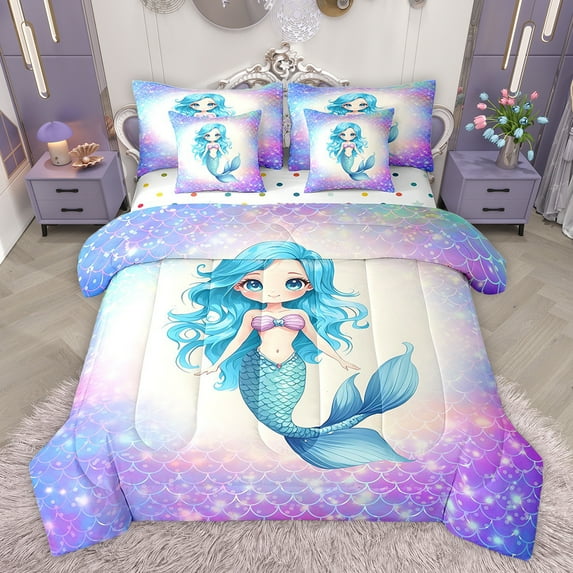 Feelyou Kawaii Blue Mermaid Twin Bedding Sets 7-Piece for Teen, Dreamy Ocean Princess Bedding Comforter Set, Glitter Fish Scale Reversible Sheet Sets, Ultra Soft Bedroom Decor