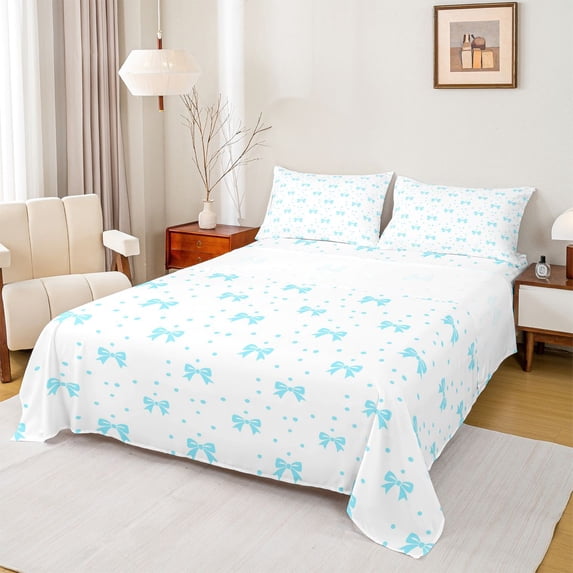 Feelyou Kawaii Blue Ribbon Bed Sheets, Bowknot Polkadots King Sheets, 4-Piece