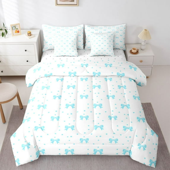 Feelyou Kawaii Blue Ribbon Bedding Comforter Set 7pcs, Bowknot Polkadots Full Bedding Set