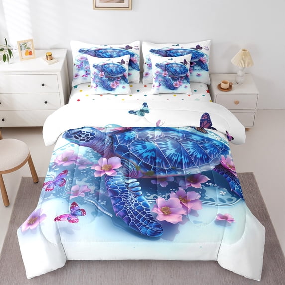 Feelyou Kawaii Blue Sea Turtle Bedding Comforter Set 7-Piece, Butterfly Blossoms Floral King Bedding Sets, Teen Kid Child Reversible Bed Sheets, Microfiber Bedroom Decor