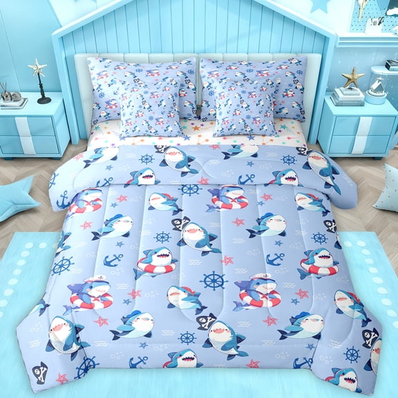 Feelyou Kawaii Blue Shark Bedding Comforter Set 7pcs for Kid, Cute Cartoon Sealife Queen Bedding Sets, Ocean Rudder Starfish Reversible Queen Sheet Sets, Lightweight Room Decor