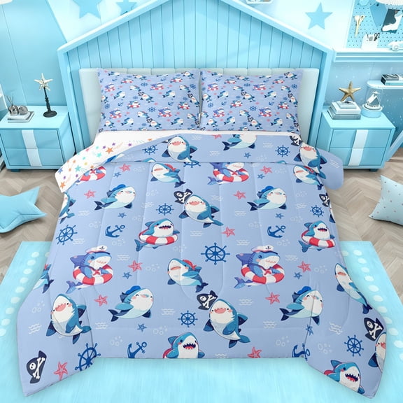 Feelyou Kawaii Blue Shark Bedding Comforter Set for Kid, Cute Cartoon Sealife Twin Comforter Sets, Ocean Rudder Starfish Reversible Bedding Set, Lightweight Room Decor, 2-Piece