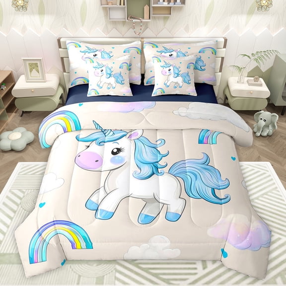 Feelyou Kawaii Blue Unicorn Bedding Comforter Set 7pcs for Teen, Dreamy Rainbow Cloud King Bedding Sets, Cartoon Animal Reversible Bed Sheets, Lightweight Room Decor