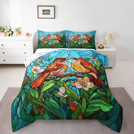 Feelyou Kawaii Boho Bird Queen Comforter Set, Jungle Flower Plant Bedding Sets, Teens Boys Girls Kids Reversible Bedding Comforter Set, Super Cozy Room Decor, 3 Pieces