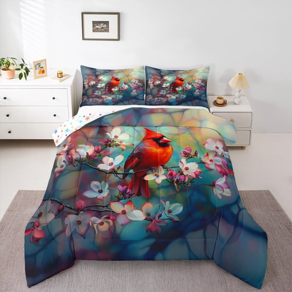 Feelyou Kawaii Boho Bird Queen Comforter Set, Retro Blossoms Flower Bedding Sets, Teens Boys Girls Kids Reversible Bedding Comforter Set, Microfiber Bedroom Decor, 3pcs