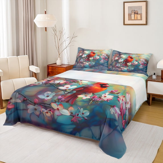 Feelyou Kawaii Boho Bird Twin Sheet Sets, Retro Blossoms Flower Twin Fitted Sheet, Teens Boys Girls Kids Flat Sheet, Microfiber Bedroom Decor, 3pcs