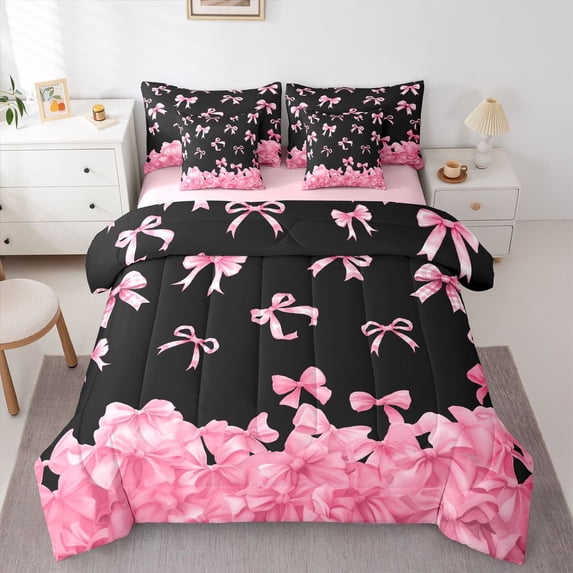 Feelyou Kawaii Bow-tie Bedding Comforter Set 7pcs, Cartoon Black Pink Queen Bedding Sets