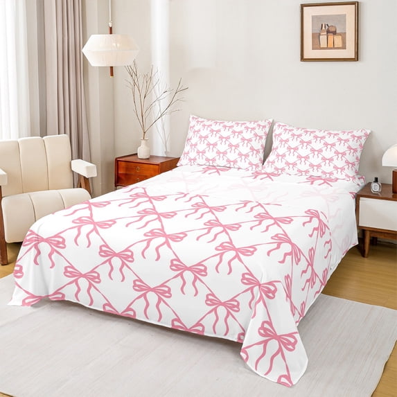 Feelyou Kawaii Bow-tie Kids Bed Sheets, Cute Pink Bowknot Ribbon King Sheets, Dreamy Princess Style Sheet Set, Super Cozy Room Decor, 4-Piece