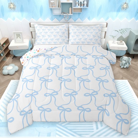 Feelyou Kawaii Bow-tie Kids Queen Comforter Set, Cute Blue Bowknot Ribbon Bedding Sets, Fairy Tale Princess Style Reversible Bedding Comforter Set, Lightweight Room Decor, 3 Pieces