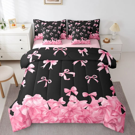 Feelyou Kawaii Bow-tie Twin Bedding Sets 7-Piece, Cartoon Black Pink Bedding Comforter Set