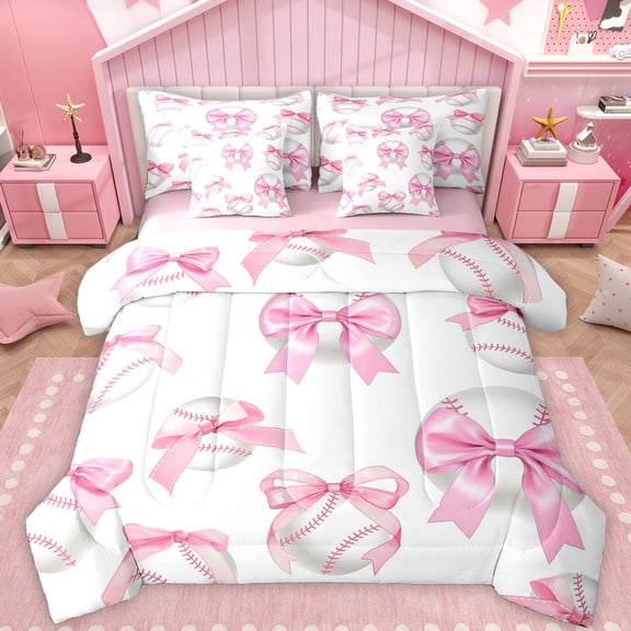 Feelyou Kawaii Bowknot Baseball Bedding Comforter Set 7pcs, Cartoon Princess Ribbon King Bedding Sets, Teens Kids Girls Women Reversible Bed Sheets, Breathable Home Decor