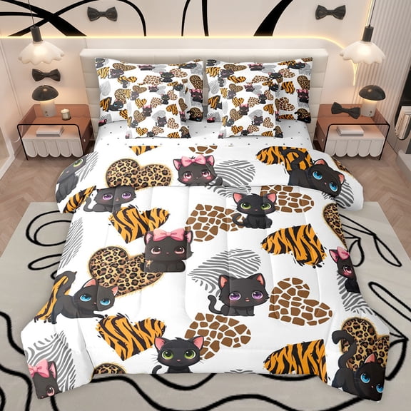 Feelyou Kawaii Bowknot Cat Bedding Comforter Set 7pcs for Kid, Fashion Love Heart King Bedding Sets, Cheetah Leopard Print Reversible Bed Sheets, Ultra Soft Bedroom Decor