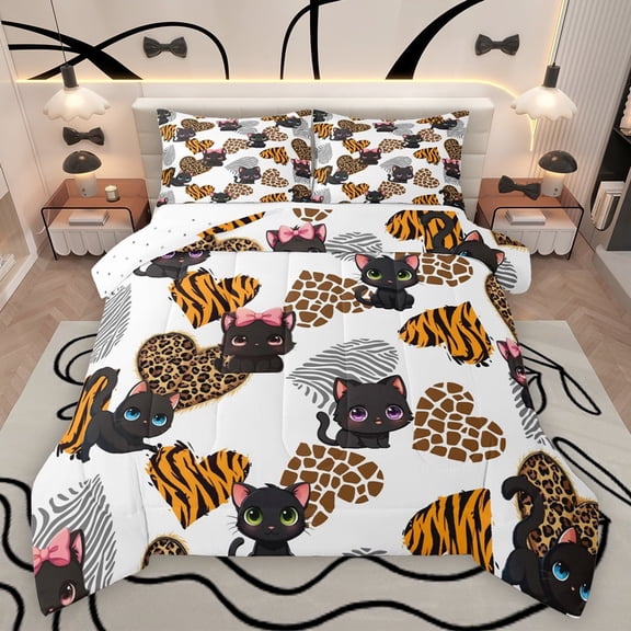 Feelyou Kawaii Bowknot Cat Bedding Comforter Set for Kid, Fashion Love Heart Twin Comforter Sets, Cheetah Leopard Print Reversible Bedding Set, Ultra Soft Bedroom Decor, 2-Piece