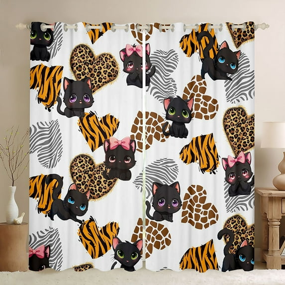 Feelyou Kawaii Bowknot Cat Blackout Curtains Set of 2 (52x84 Each) for Kid, Fashion Love Heart Window Curtains, Cheetah Leopard Print Curtains and Drapes, Living Room Curtains Decor