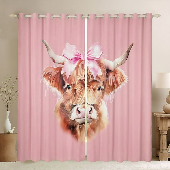 Feelyou Kawaii Bowknot Cow Black Out Curtains, Rustic Highland Cattle Curtains Pack of 2 (42x63 Each), Princess Ribbon Bedroom Curtains, Blackout Curtains Home Decor