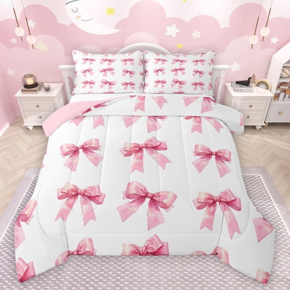 Feelyou Kawaii Bowknot Girl Full Size Comforter Sets, White Pink Bow Bedding Comforter Set, Dreamy Princess Style Reversible Bedding Sets, Breathable Home Decor, 3 Pieces