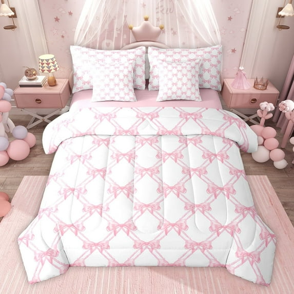 Feelyou Kawaii Bowknot Girls Twin Bedding Sets 7-Piece, Dreamy Princess Style Bedding Comforter Set, Fashion Cartoon Bow-tie Reversible Sheet Sets, Breathable Home Decor