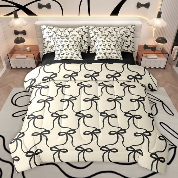 Feelyou Kawaii Bowknot Kids Bedding Comforter Set 7pcs, Dreamy Princess Style King Bedding Sets, Girly Cute Black Bow Reversible Bed Sheets, Ultra Soft Bedroom Decor