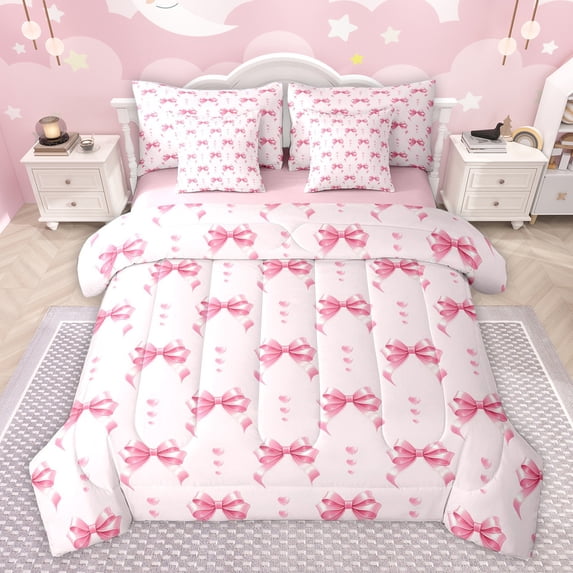 Feelyou Kawaii Bowknot Kids Bedding Comforter Set 7pcs, Girly Love Heart Pink Queen Bedding Sets, Dreamy Princess Ribbon Reversible Queen Sheet Sets, Super Cozy Room Decor