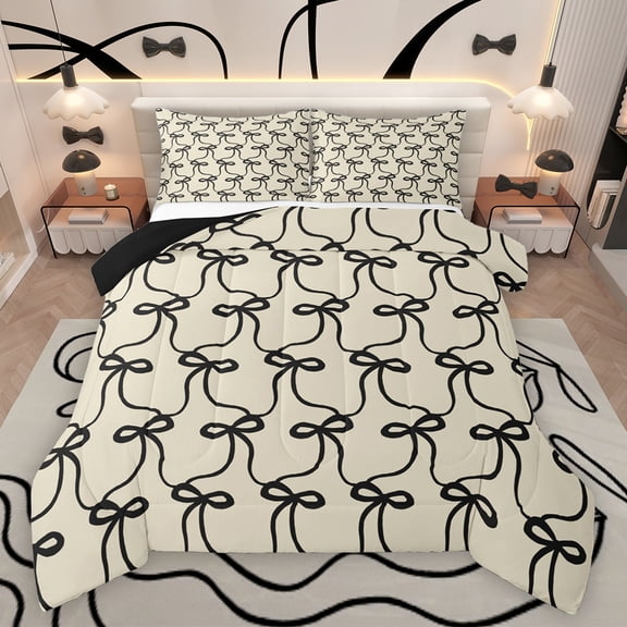 Feelyou Kawaii Bowknot Kids Bedding Comforter Set, Dreamy Princess Style Twin Comforter Sets, Girly Cute Black Bow Reversible Bedding Set, Ultra Soft Bedroom Decor, 2pcs