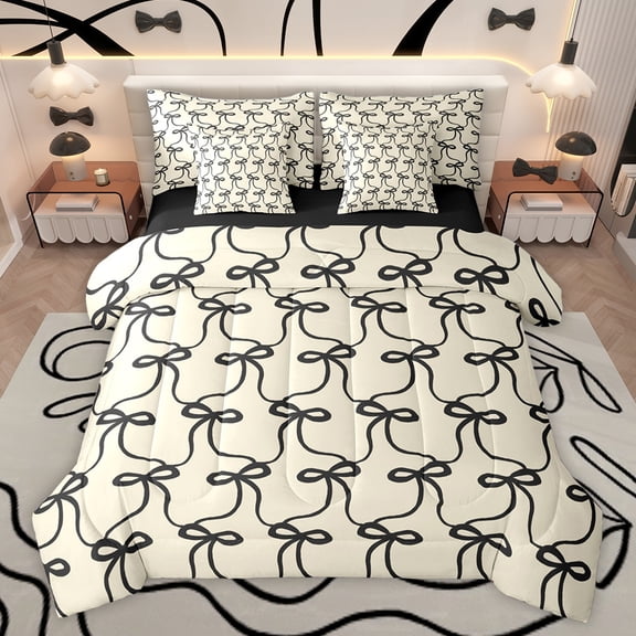 Feelyou Kawaii Bowknot Kids Twin Bedding Sets 7-Piece, Dreamy Princess Style Bedding Comforter Set, Girly Cute Black Bow Reversible Sheet Sets, Ultra Soft Bedroom Decor