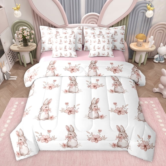 Feelyou Kawaii Bowknot Rabbit Bedding Comforter Set 7 Pieces for Kid, Spring Flower Floral Full Bedding Set, Cartoon Bunnies Animal Reversible Fitted Sheet Flat Sheet, Microfiber Bedroom Decor