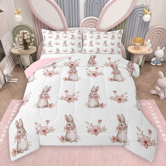 Feelyou Kawaii Bowknot Rabbit Bedding Comforter Set for Kid, Spring Flower Floral Twin Comforter Sets, Cartoon Bunnies Animal Reversible Bedding Set, Microfiber Bedroom Decor, 2-Piece