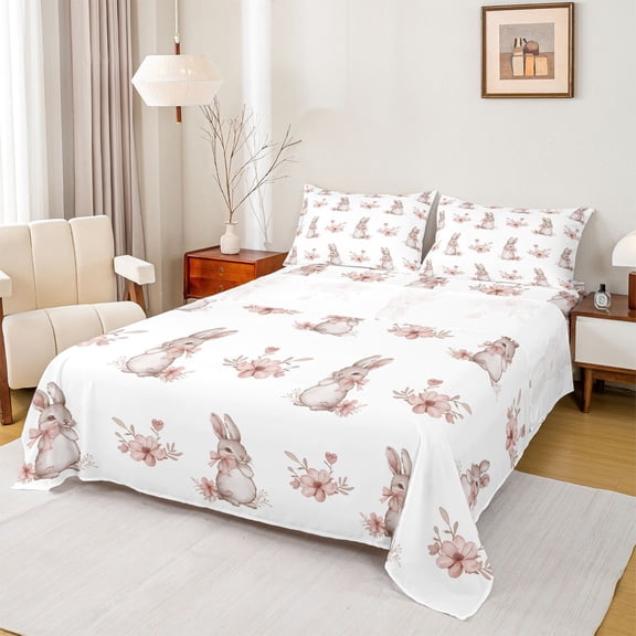 Feelyou Kawaii Bowknot Rabbit Twin Sheet Sets for Kid, Spring Flower Floral Twin Fitted Sheet, Cartoon Bunnies Animal Flat Sheet, Microfiber Bedroom Decor, 3-Piece