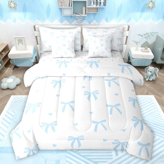 Feelyou Kawaii Bowknot Ribbon Bedding Comforter Set 7pcs for Girl, Love Heart Blue King Bedding Sets, Cartoon Princess Style Reversible Bed Sheets, Ultra Soft Bedroom Decor