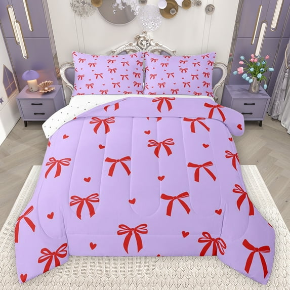 Feelyou Kawaii Bowknot Ribbon Bedding Comforter Set for Girl, Cartoon Purple Red Twin Comforter Sets, Fairy Tale Princess Reversible Bedding Set, Luxury Bedroom Decor, 2pcs