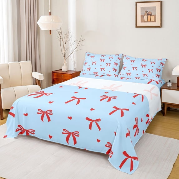 Feelyou Kawaii Bowknot Ribbon Queen Sheet Sets for Girl, Cartoon Blue Red Flat Sheet, Dreamy Princess Style Queen Fitted Sheet, Ultra Soft Bedroom Decor, 4pcs
